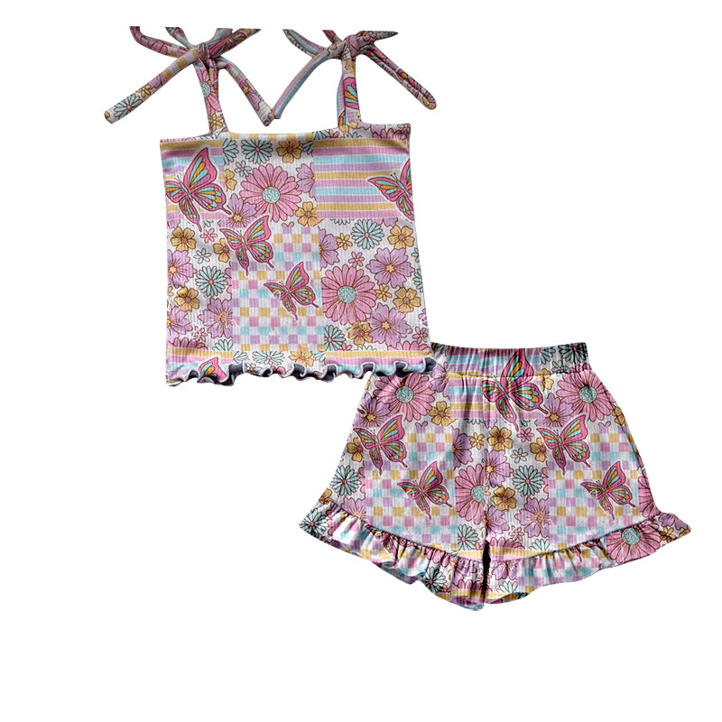 MOQ 5 PCS Preorder GSSO2885 Butterfly Flower Plaid Stripe Ruffle Pink Halter Shorts Girls Sets 202511
