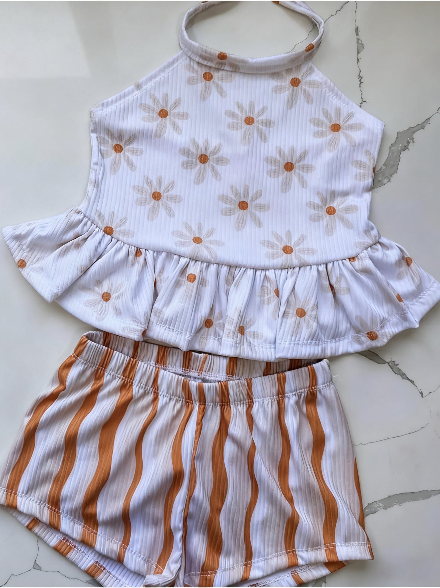 MOQ 5 PCS Preorder GSSO2888 Flower Ruffle White Halter Stripe Shorts Girls Sets 202511