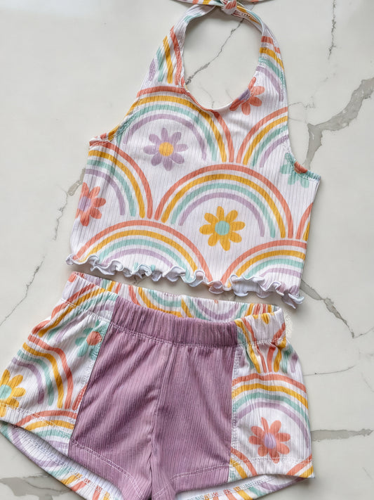 MOQ 5 PCS Preorder GSSO2890 Flower Rainbow Ruffle Halter Shorts Girls Sets 202511