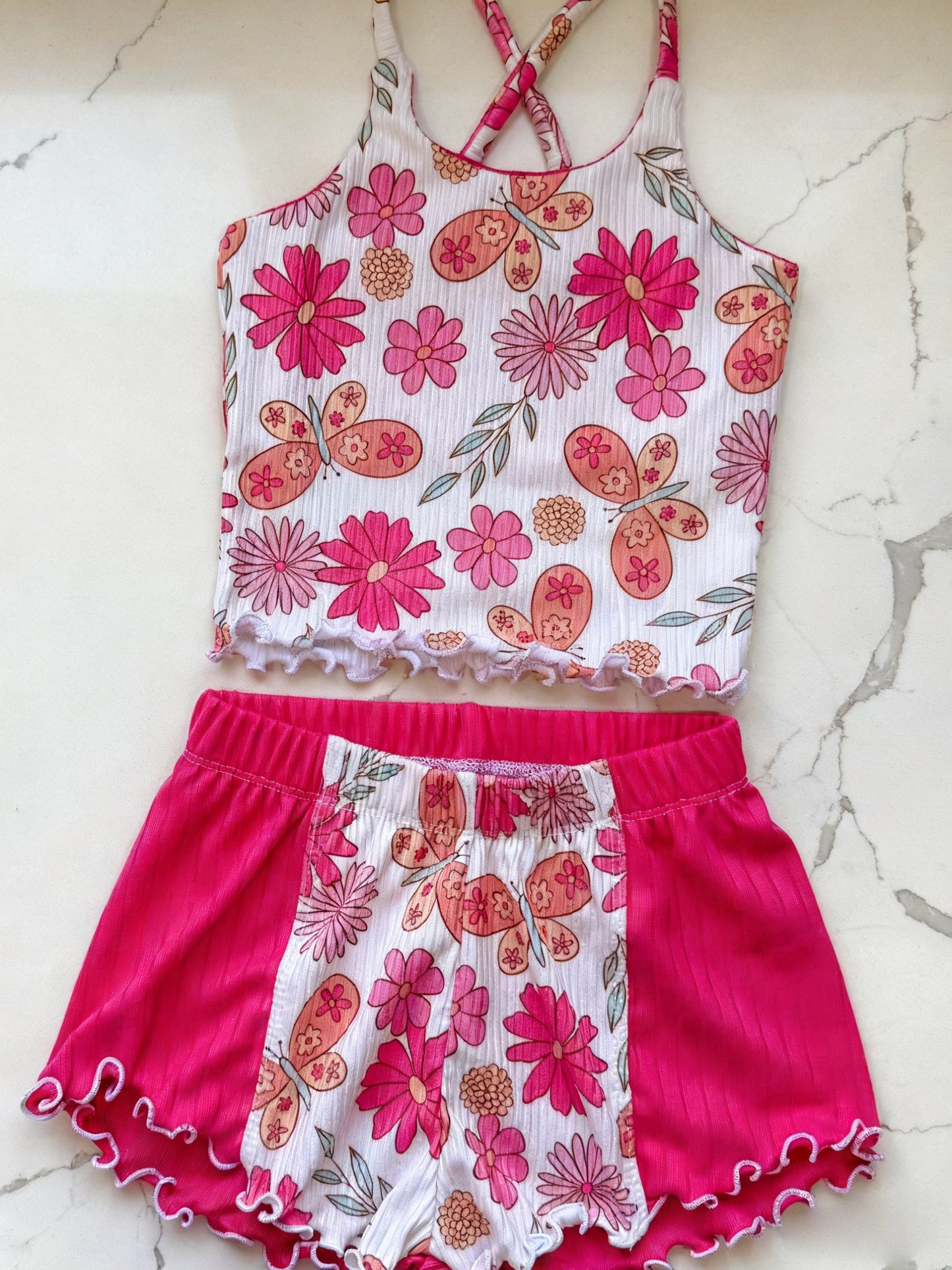MOQ 5 PCS Preorder GSSO2891 Flower Butterfly Ruffle Halter Shorts Girls Sets 202511