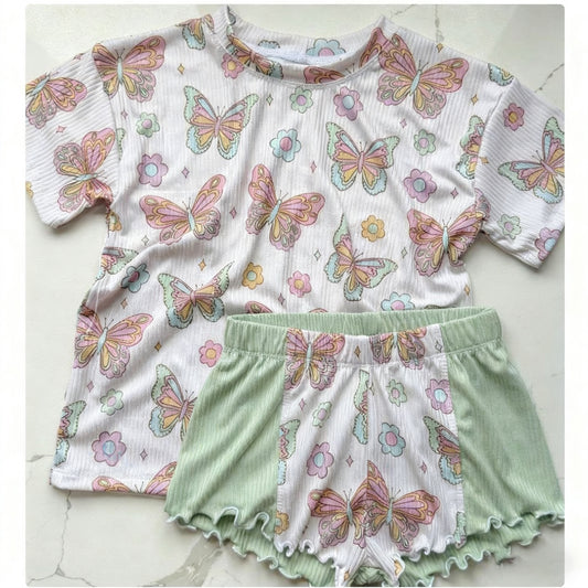 MOQ 5 PCS Preorder GSSO2892 Colored Flower Butterfly Short Sleeve Shorts Girls Sets 202511