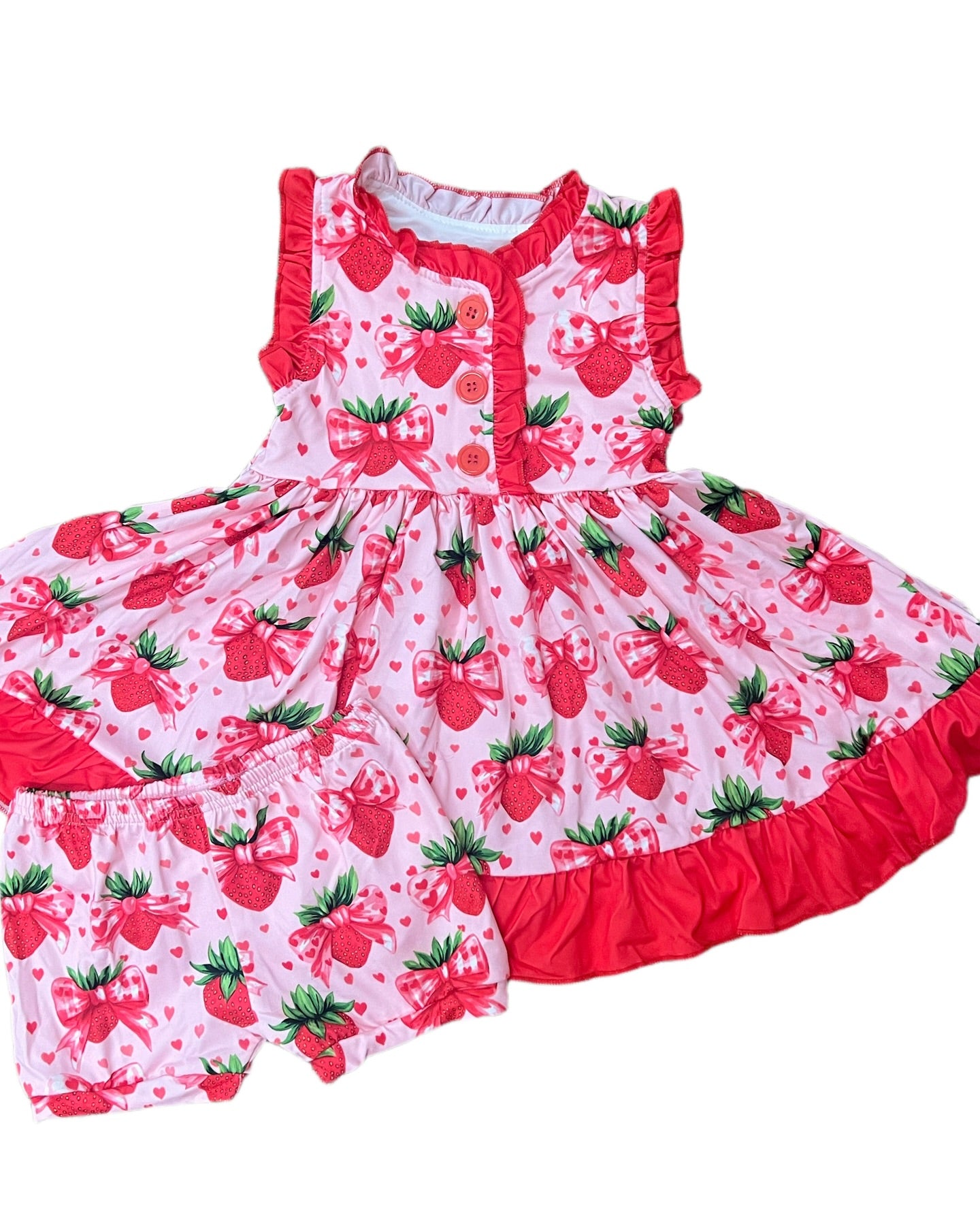 MOQ 5 PCS Preorder GSSO2900 Strawberry Heart Bow Red Ruffle Sleeveless Shorts Girls Sets 202511