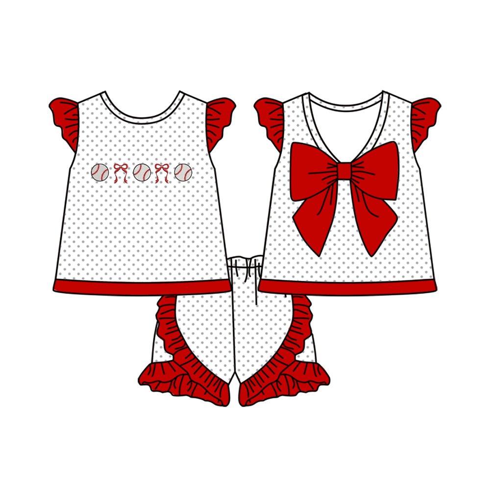 MOQ 5 PCS Preorder GSSO2903 Baseball Polka Dot Red Ruffle Flying Sleeve Shorts Girls Sets 202511