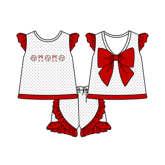 MOQ 5 PCS Preorder GSSO2903 Baseball Polka Dot Red Ruffle Flying Sleeve Shorts Girls Sets 202511