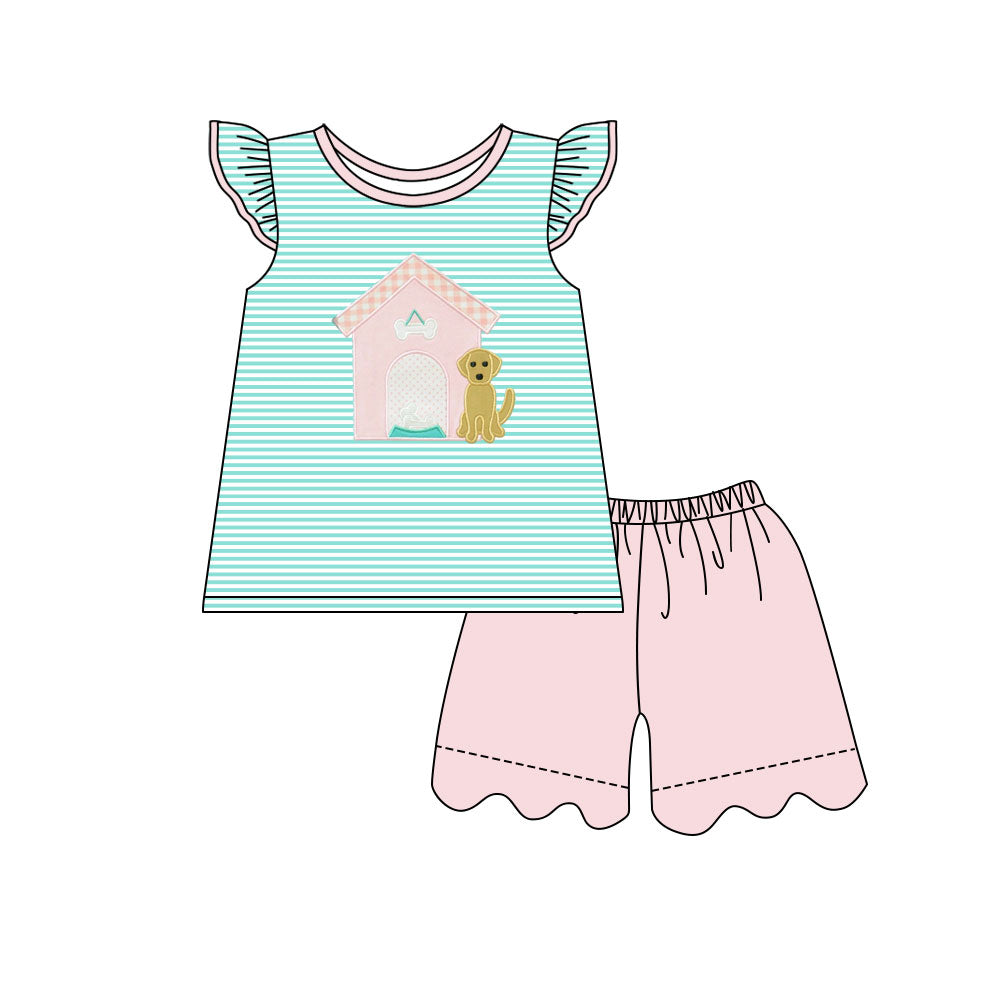 MOQ 5 PCS Preorder GSSO2904 Bone House Puppy Stripe Blue Green Flying Sleeve Pink Shorts Girls Sets 202511
