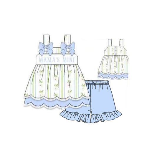 MOQ 5 PCS Preorder GSSO2907 MAMA'S MINI Leaf Stripe Blue Bows Sleeveless Shorts Girls Sets 202511