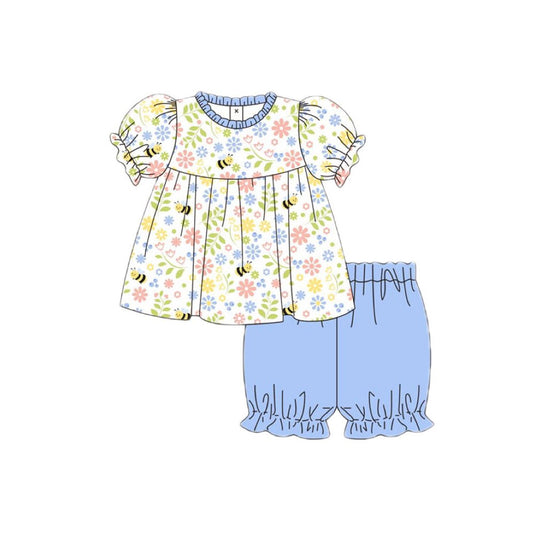 MOQ 5 PCS Preorder GSSO2911 Bee Flower Blue Ruffle Short Sleeve Shorts Girls Sets 202511