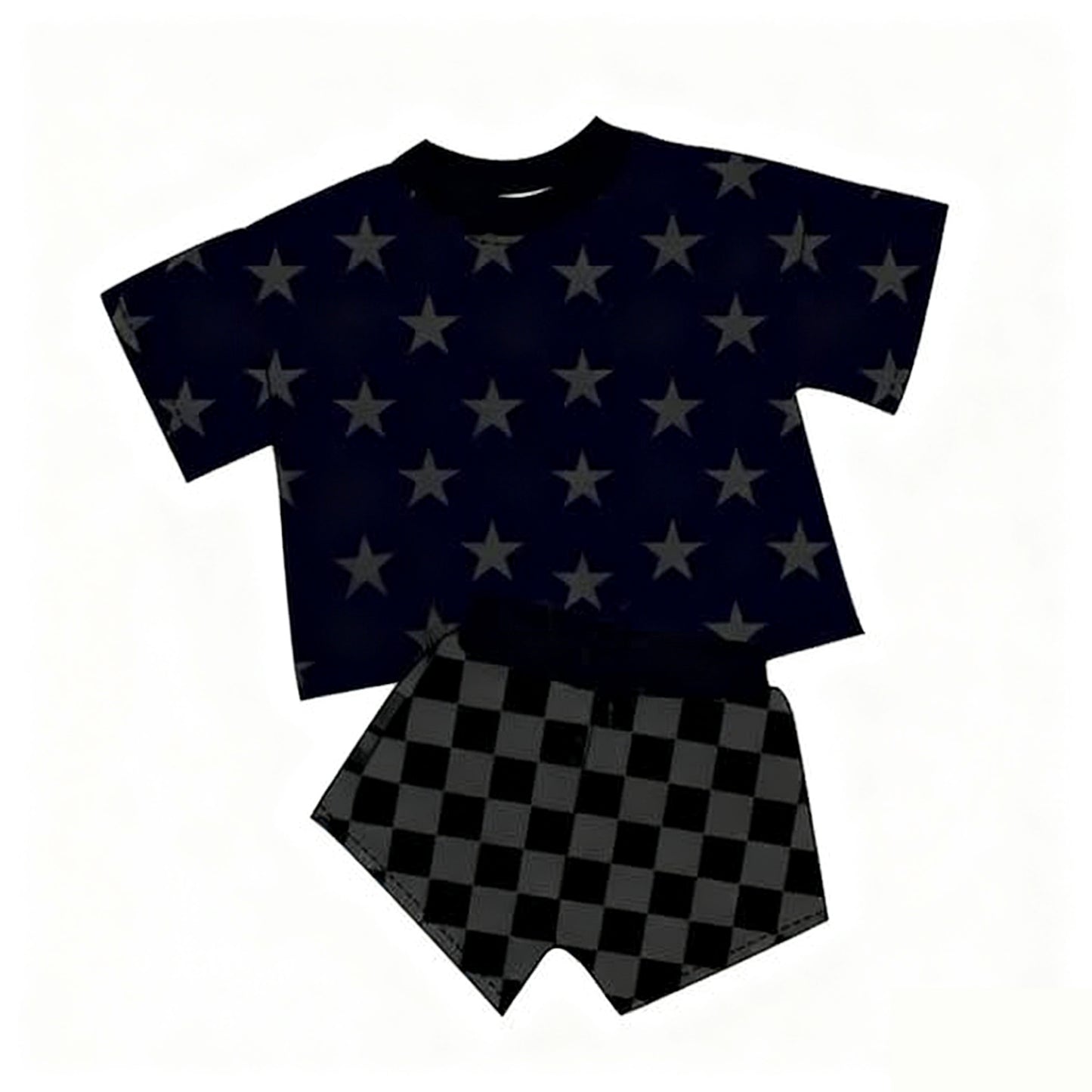 MOQ 5 PCS Preorder GSSO2913 Star Black Short Sleeve Plaid Shorts Girls Sets 202511