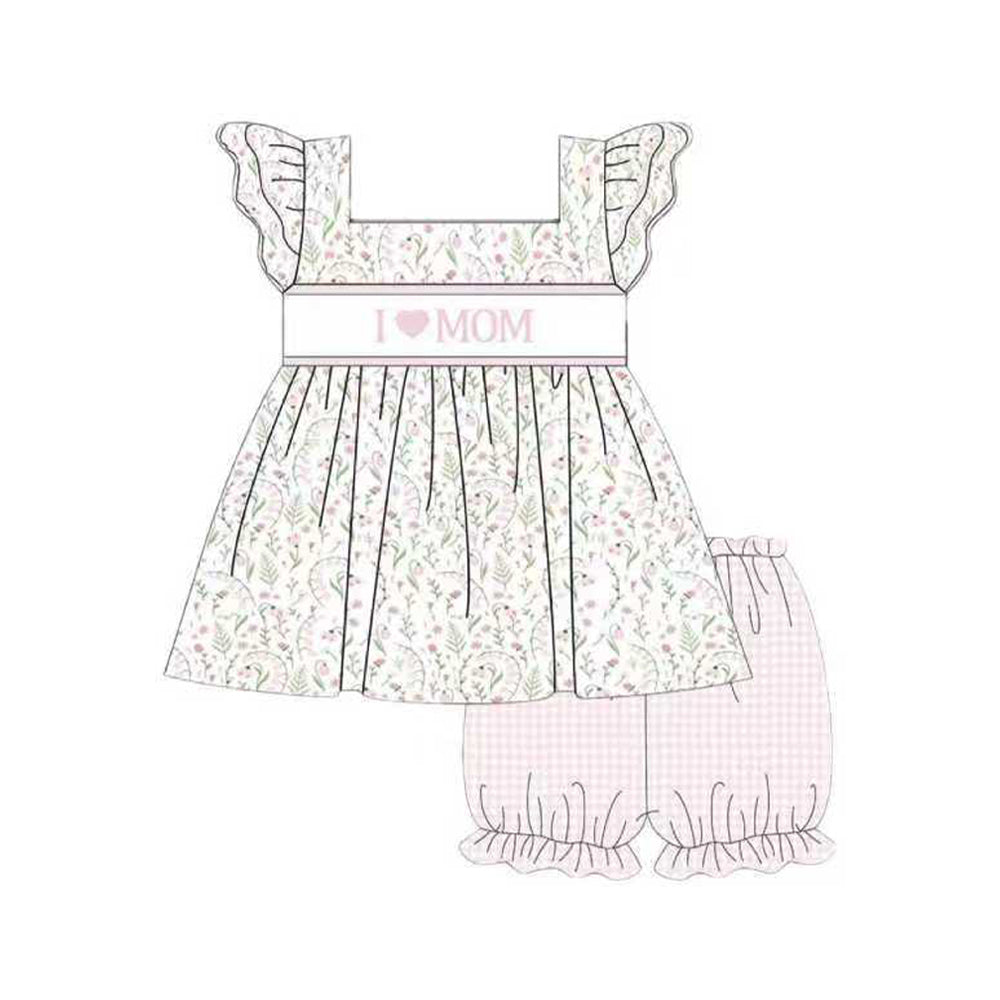 MOQ 5 PCS Preorder GSSO2915 I Love Mom Flower Flying Sleeve Pink Plaid Shorts Girls Sets 202511
