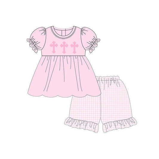 MOQ 5 PCS Preorder GSSO2916 Easter Bunny Pink Short Sleeve Plaid Shorts Girls Sets 202511