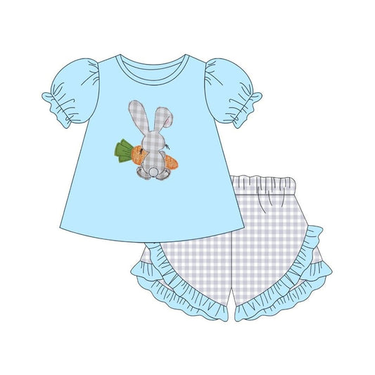 MOQ 5 PCS Preorder GSSO2917 Easter Bunny Carrots Blue Short Sleeve Plaid Shorts Girls Sets 202511