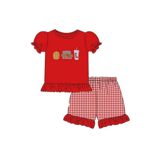 MOQ 5 PCS Preorder GSSO2920 Chick Snacks Red Short-Sleeve Plaid Ruffle Shorts Girls Sets 202511