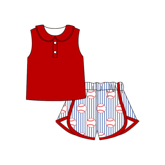 MOQ 5 PCS Preorder GSSO2921 Solid Red Doll Collar Sleeveless Top Baseball Blue Stripe Pattern Shorts Girls Sets 202511