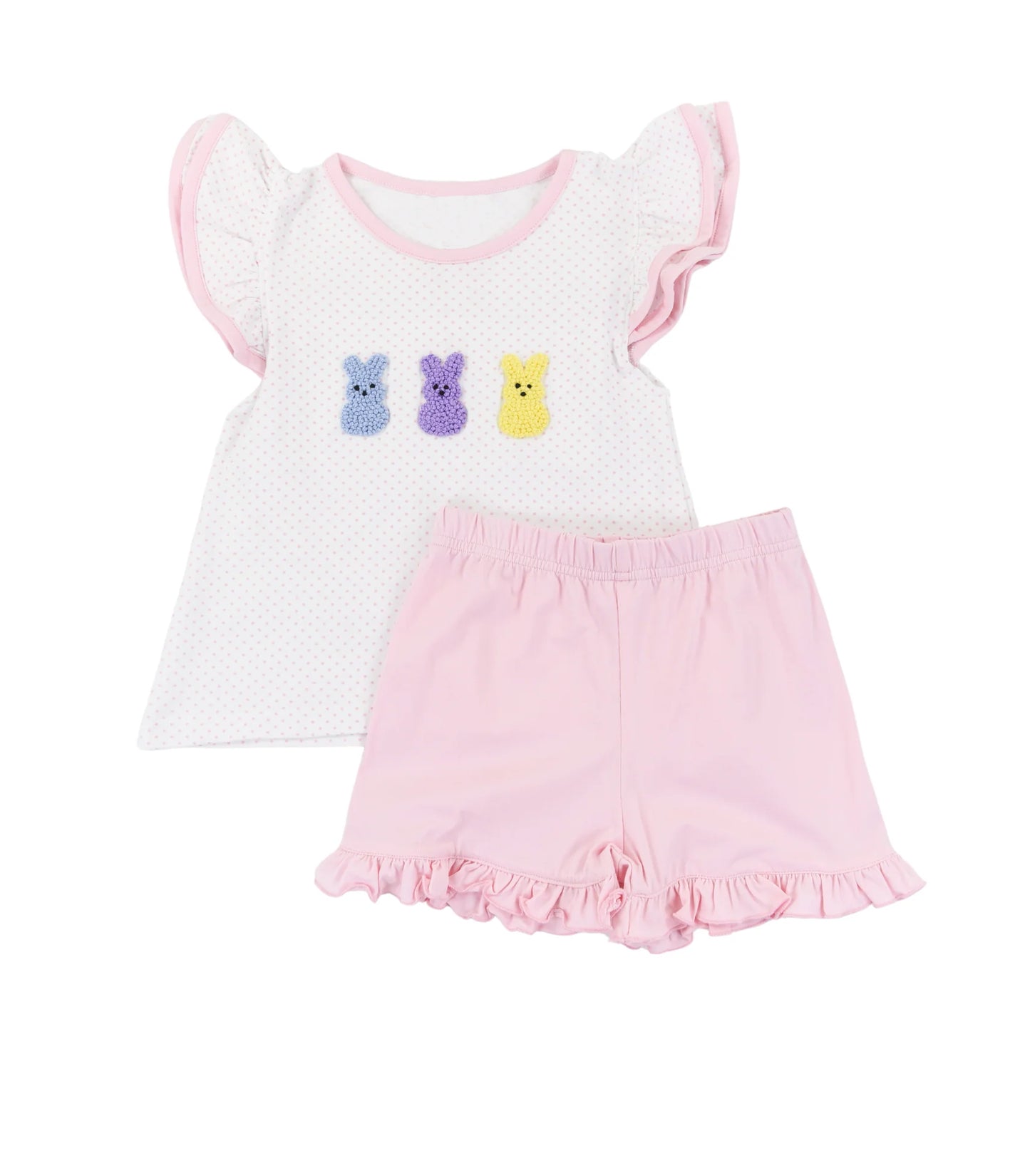 MOQ 5 PCS Preorder GSSO2922 Easter Bunny Dots Flying Sleeve Pink Ruffle Shorts Girls Sets 202511