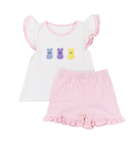 MOQ 5 PCS Preorder GSSO2922 Easter Bunny Dots Flying Sleeve Pink Ruffle Shorts Girls Sets 202511