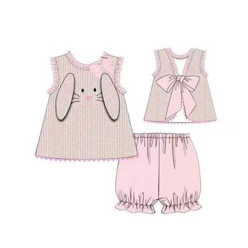MOQ 5 PCS Preorder GSSO2924 Easter Bunny Stripe Ruffle Sleeveless Shorts Girls Sets 202511