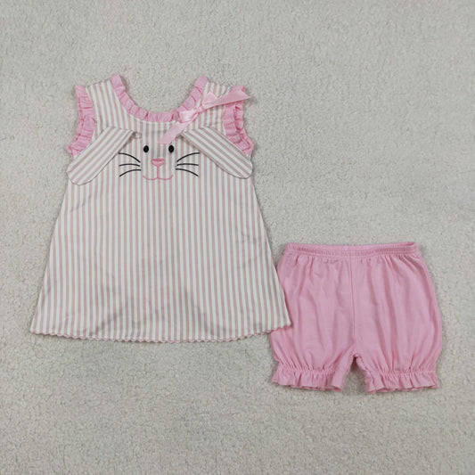 GSSO2924 Embroidered Easter Bunny Stripe Ruffle Sleeveless Shorts Girls Sets 202603 RTS