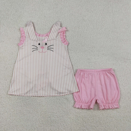 GSSO2924 Embroidered Easter Bunny Stripe Ruffle Sleeveless Shorts Girls Sets 202603 RTS
