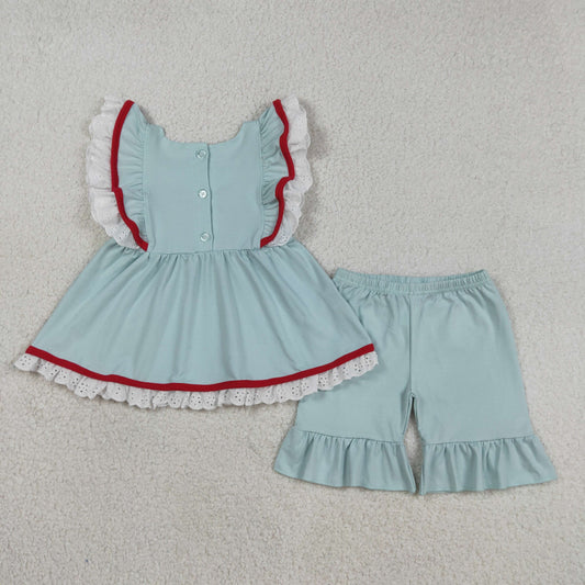 GSSO2926 Embroidered 4th of July Flag Lace Ruffle Red Blue Flying Sleeve Shorts Girls Sets 202603 RTS