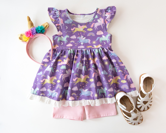 MOQ 5 PCS Preorder GSSO2934 Lace Ruffle Unicorn Rainbow Purple Flying Sleeve Pink Shorts Girls Sets 202511
