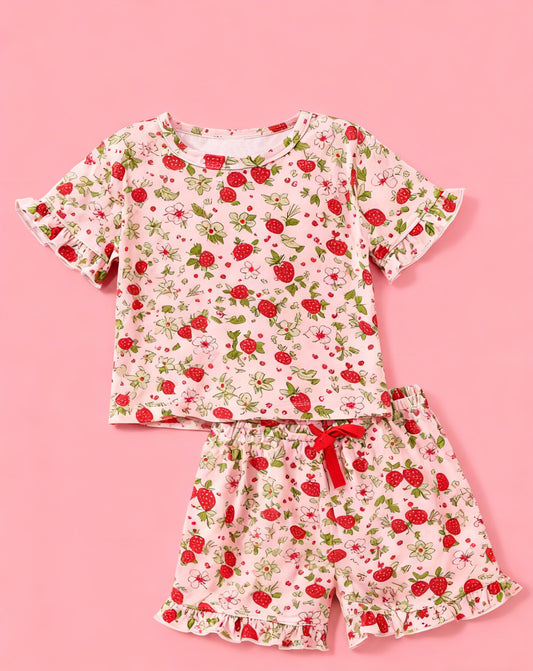 MOQ 5 PCS Preorder GSSO2936 Strawberry Flower Pink Short Sleeve Shorts Girls Sets 202511