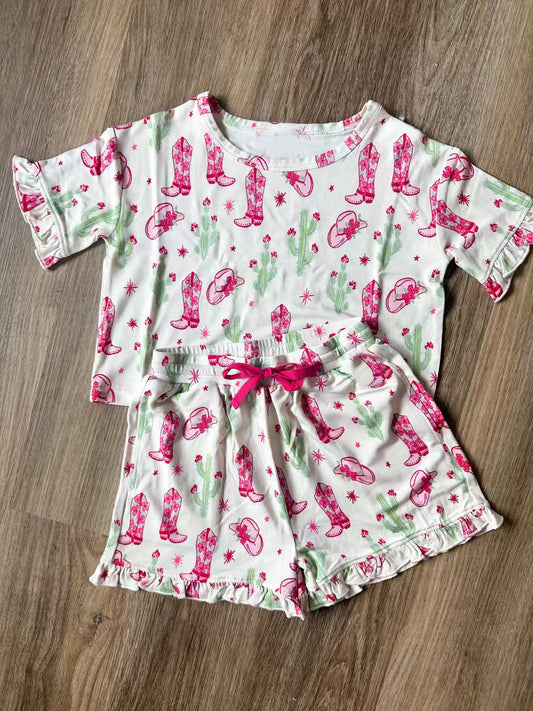 MOQ 5 PCS Preorder GSSO2937 Floral Boots Cactus Beige Short Sleeve Shorts Girls Sets 202511