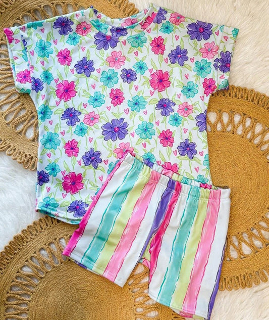 MOQ 5 PCS Preorder GSSO2938 Colored Flower White Short Sleeve Stripe Shorts Girls Sets 202511