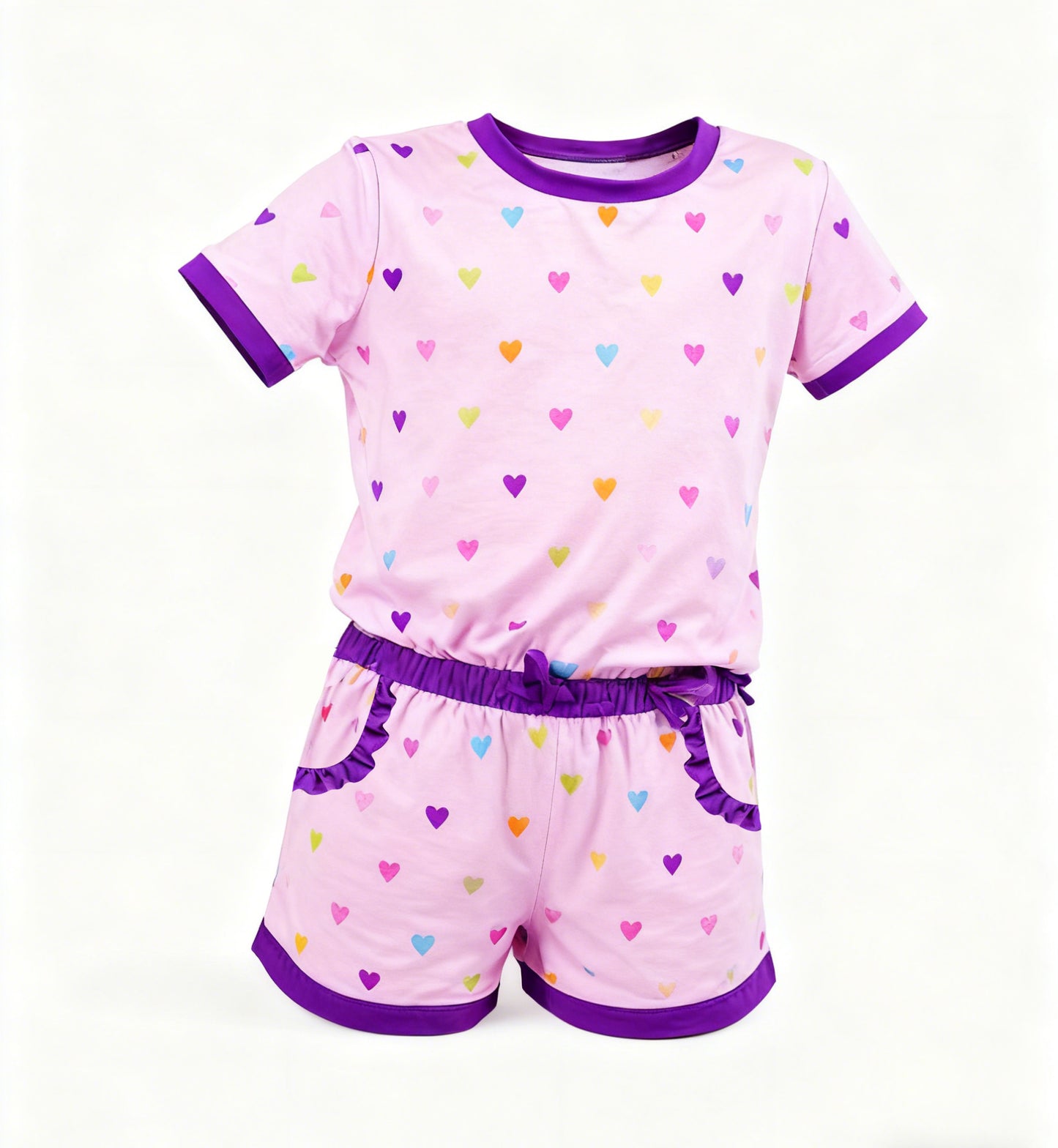 MOQ 5 PCS Preorder GSSO2939 Valentines Day Love Purple Pink Short Sleeve Shorts Girls Sets 202511