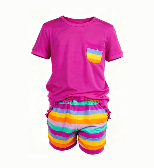MOQ 5 PCS Preorder GSSO2940 Colored Stripe Pocket Rose Red Short Sleeve Shorts Girls Sets 202511