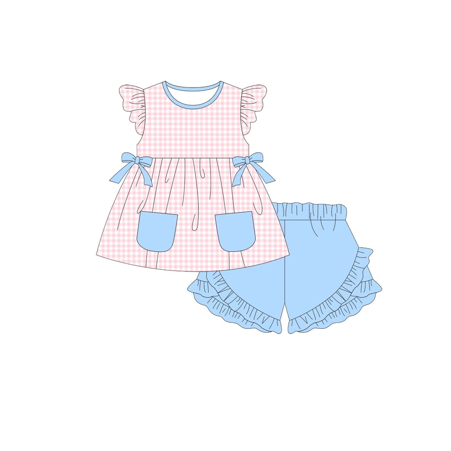 MOQ 5 PCS Preorder GSSO2944 Blue Pocket Bows Pink Plaid Flying Sleeve Ruffle Shorts Girls Sets 202511