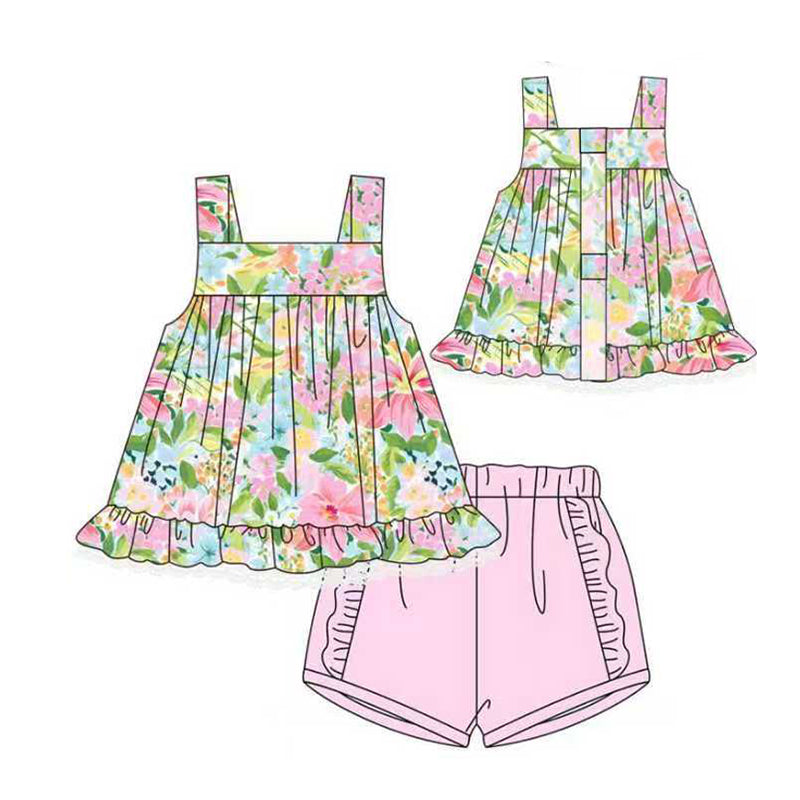 MOQ 5 PCS Preorder GSSO2945 Flower Leaf Sleeveless Pink Ruffle Shorts Girls Sets 202511
