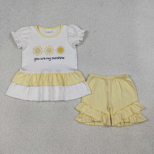 GSSO2947 You Are My Sunshine Polka Dot Short Sleeve Yellow Shorts Girls Sets 202604 RTS