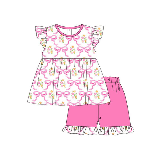 MOQ 5 PCS Preorder GSSO2950 Rose Red Bows Flower Flying Sleeve Shorts Girls Sets 202511