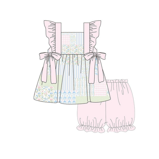 MOQ 5 PCS Preorder GSSO2951 Floral Plaid Stripe Pink Bows Flying Sleeve Shorts Girls Sets 202511