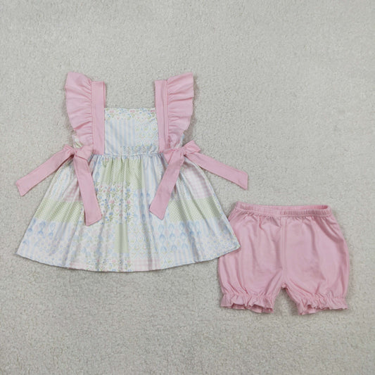 GSSO2951 Floral Plaid Stripe Pink Bows Flying Sleeve Shorts Girls Sets 202602 RTS