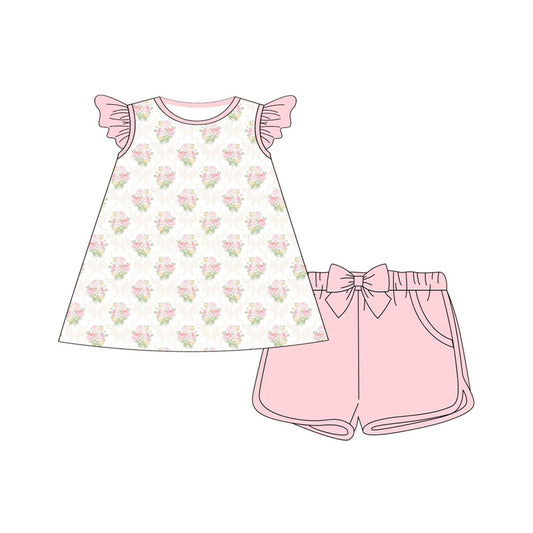 MOQ 5 PCS Preorder GSSO2953 Flower Plaid Pink Flying Sleeve Shorts Girls Sets 202511