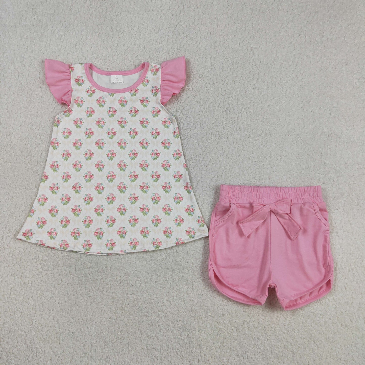 GSSO2953 Flower Plaid Pink Flying Sleeve Shorts Girls Sets 202603 RTS