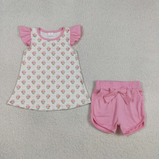 GSSO2953 Flower Plaid Pink Flying Sleeve Shorts Girls Sets 202603 RTS