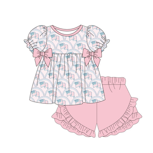 MOQ 5 PCS Preorder GSSO2954 4th of July Flag Bows Pink Ruffle Short Sleeve Shorts Girls Sets 202511