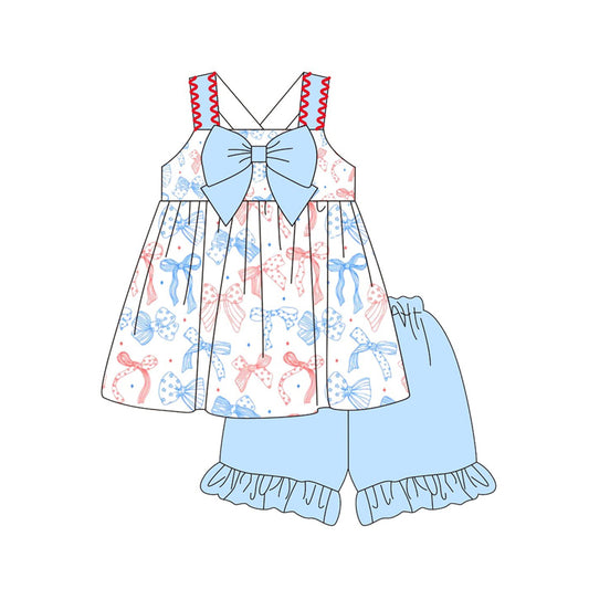 MOQ 5 PCS Preorder GSSO2956 4th of July Bows Star Sleeveless Shorts Girls Sets 202511