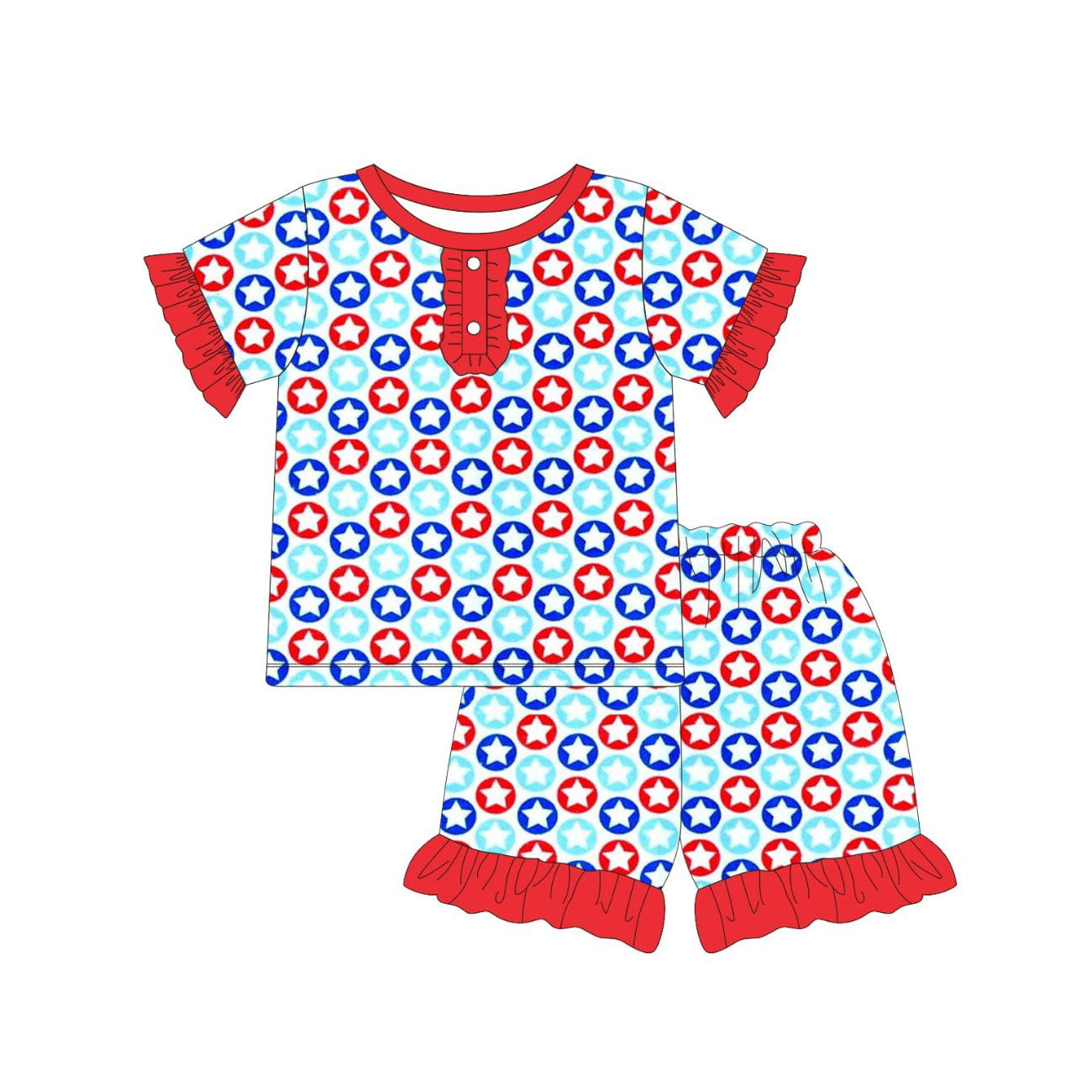 MOQ 5 PCS Preorder GSSO2957 4th of July Red Blue Star Ruffle Short Sleeve Shorts Girls Sets 202511