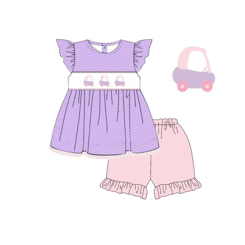 MOQ 5 PCS Preorder GSSO2959 Golf Cart Ruffle Purple Flying Sleeve Pink Shorts Girls Sets 202511