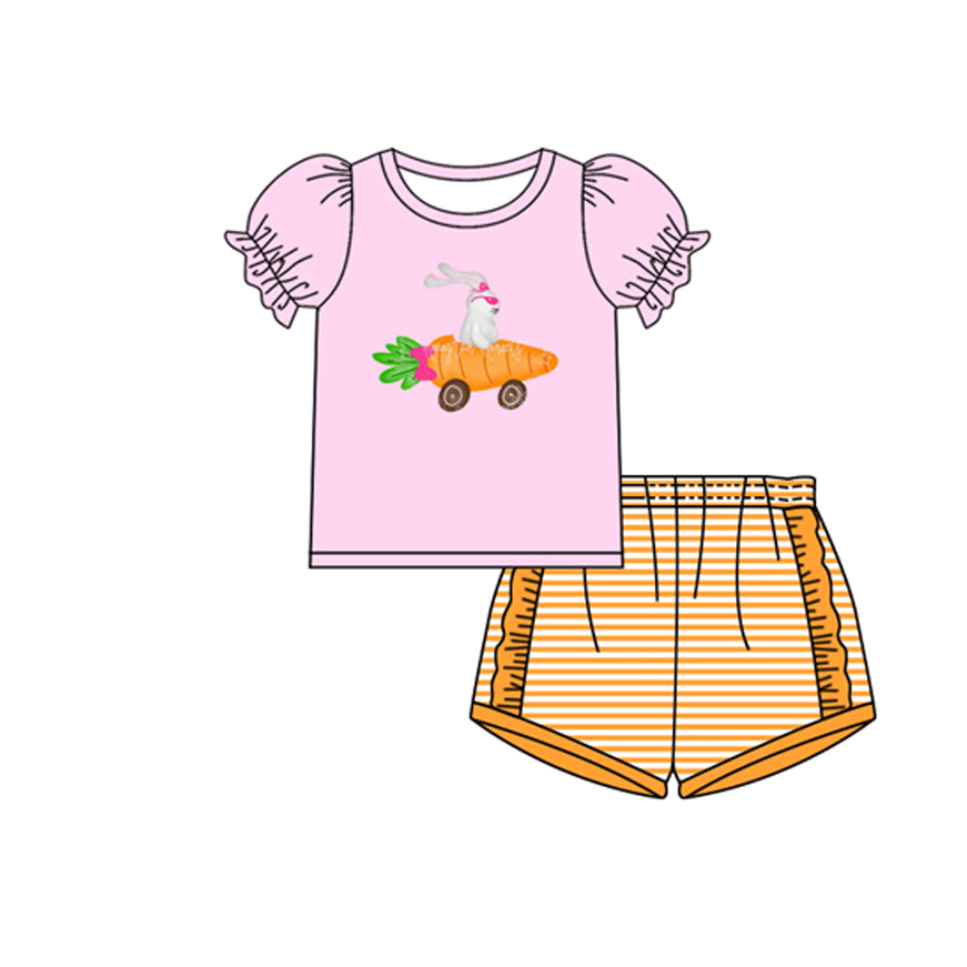 MOQ 5 PCS Preorder GSSO2960 Easter Bunny Carrot Pink Short Sleeve Orange Stripe Shorts Girls Sets 202511