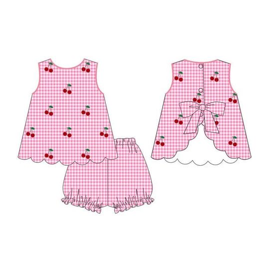 MOQ 5 PCS Preorder GSSO2964 Cherry Bow Rose Pink Plaid Sleeveless Shorts Girls Sets 202511