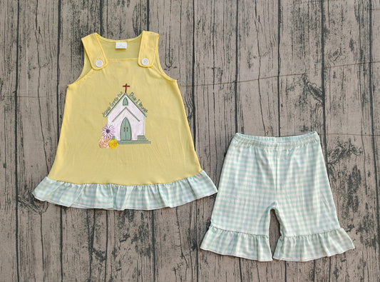 NO MOQ preorder GSSO2966 Embroidered Easter Cross Pea Green Plaid Ruffle Yellow Sleeveless Shorts Girls Sets 202512