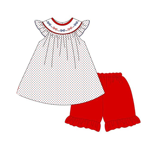 MOQ 5 PCS Preorder GSSO2967 4th of July Bows Dots Flying Sleeve Shorts Girls Sets 202511