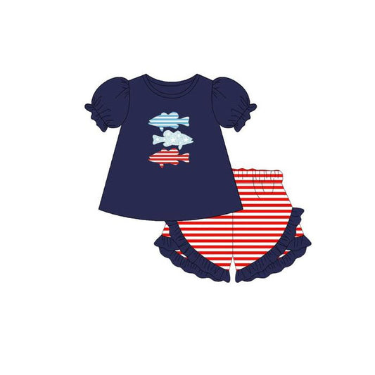 MOQ 5 PCS Preorder GSSO2968 4th of July Fishing Stripe Navy Short Sleeve Shorts Girls Sets 202511