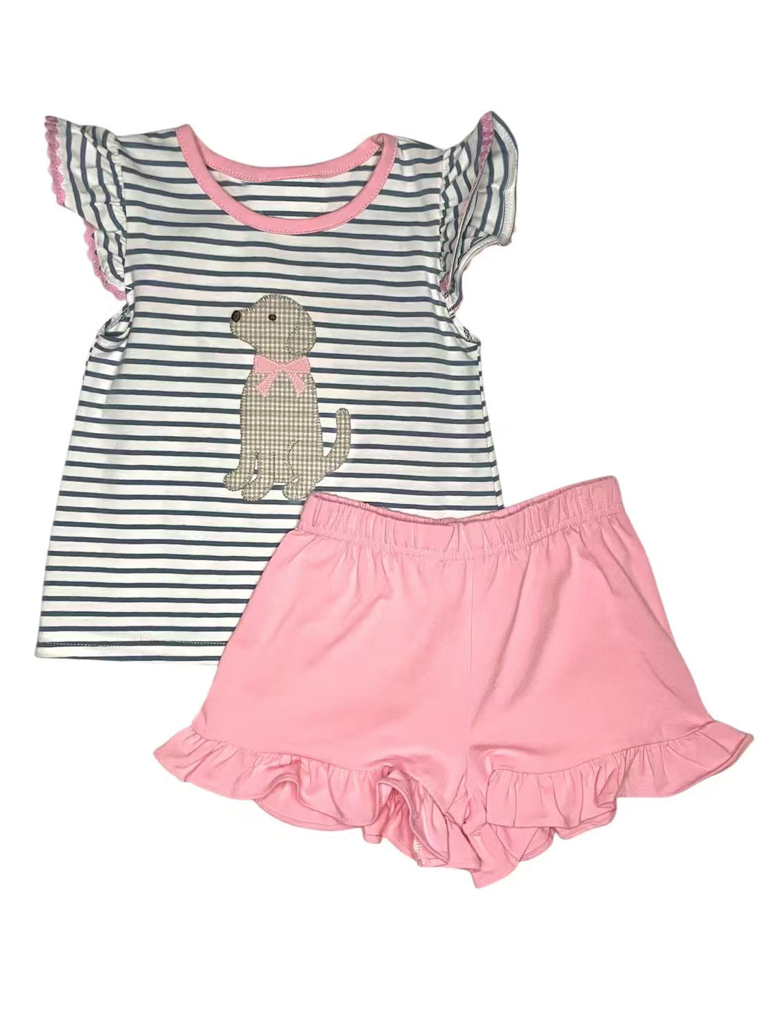 MOQ 5 PCS Preorder GSSO2970 Cute Puppy Bow Stripe Black Flying Sleeve Pink Ruffle Shorts Girls Sets 202511