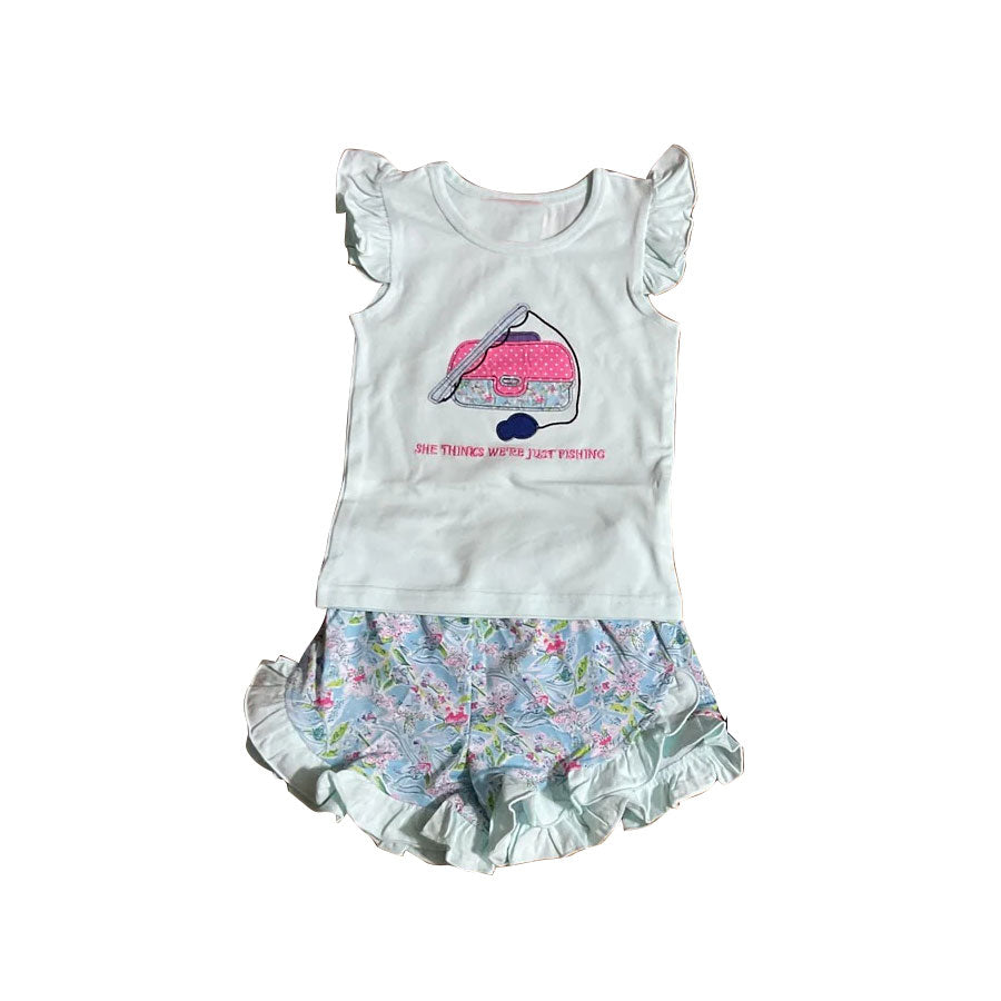 MOQ 5 PCS Preorder GSSO2971 Fishing Pattern White Flying Sleeve Ruffle Shorts Girls Sets 202511