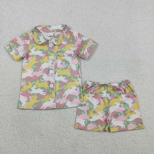 GSSO2972 Easter Bunny Camouflage Buttons Short Sleeve Shorts Girls Pajama Set 202601 RTS
